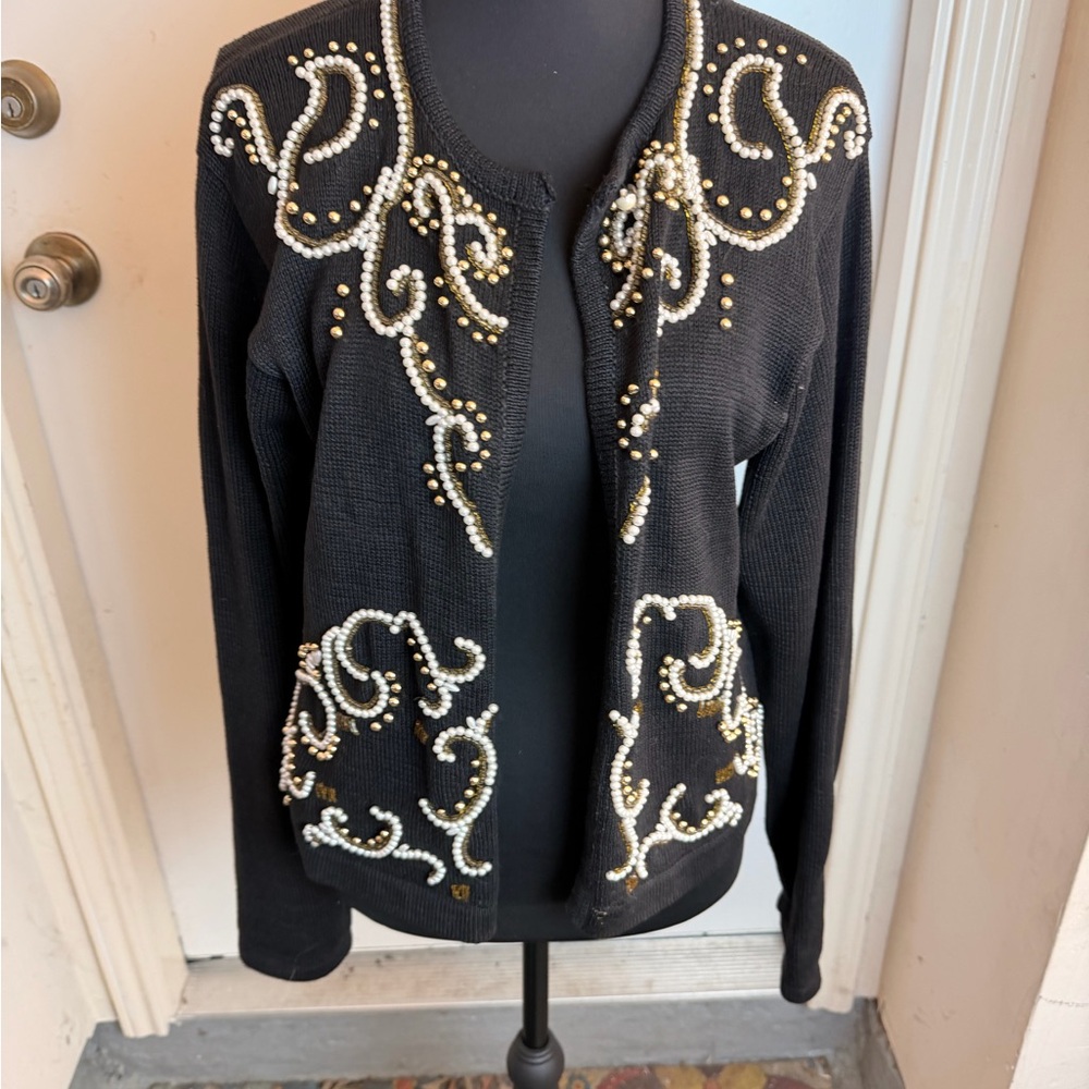 Vintage 90s Black  Cardigan with Pearl and Gold Embellishments